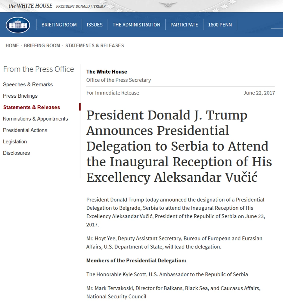 Zvanična objava na sajtu Bele kuće