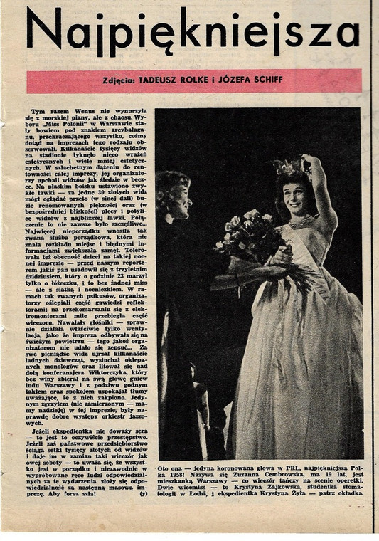 Jedna ze stron czasopisma "Świat", wyd. 1958 r., opisująca wieczór wyborów Miss Polonia. Na zdjęciu zwyciężczyni Zuzanna Cembrzyńska