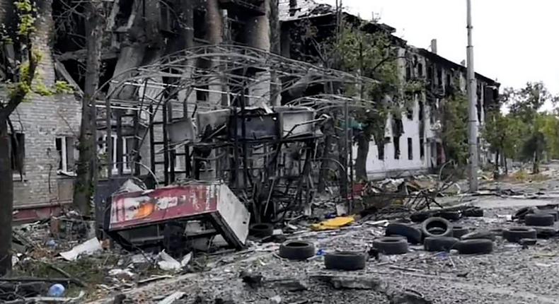 Damaged residential buildings are seen in Lysychansk, Ukraine.