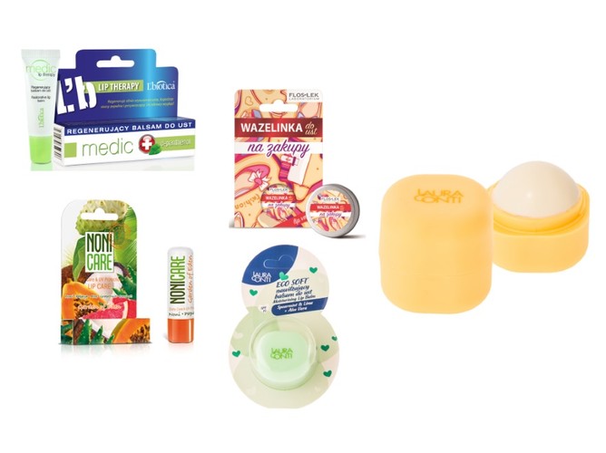 Kosmetyki do ust: Pomadka ochronna z filtrem UV marki Noni Care, cena 11 zł;  Regenerujący balsam do ust Medic L'biotica, cena ok. 9 zł; Wazelinka Na zakupy Floslek, cena ok. 9,99 zł; Balsamy do ust Laura Conti ECO SOFT, cen 11,99