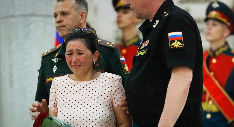 The widow of a Russian soldier killed in Ukraine cried at a ceremony of handing over the Orders of Courage to families of killed soldiers in Volgograd, Russia, in June 2022.AP Photo, File