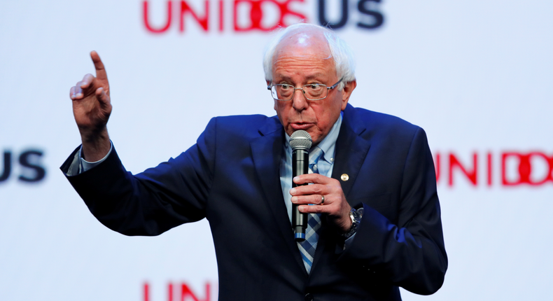 FILE PHOTO: Democratic 2020 presidential candidate and U.S. Senator Bernie Sanders gestures as he speaks at the UnidosUS Annual Conference, in San Diego, California, U.S., August 5, 2019. REUTERS/Mike Blake/File Photo