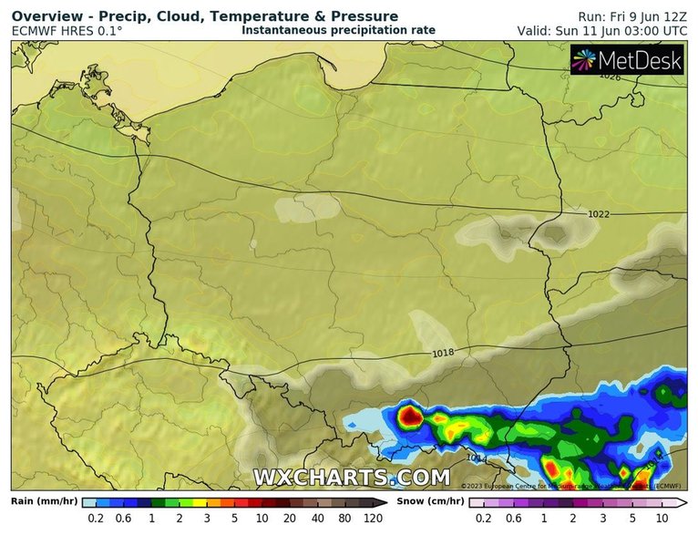 W nocy deszcz możliwy jest tylko w Karpatach