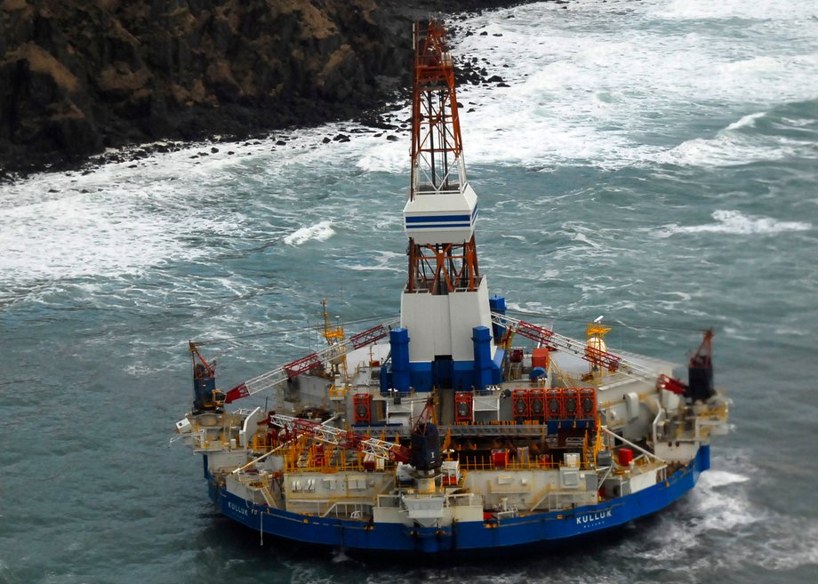 The conical drilling unit Kulluk sits grounded 40 miles southwest of Kodiak City, Alaska.