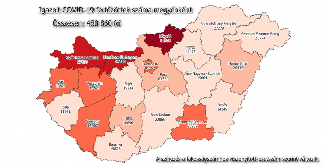 A fertőzöttek megoszlása megyénként / Fotó: koronavirus.gov.hu