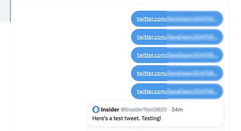 Insider tweeted words describing sexual orientation and gender identity and sent them via direct message. Tweets with words like gay, bisexual, lesbian, and trans showed up as URLs, while a test tweet, and one containing the word bisexuality appeared in an easier-to-read format.Samantha Delouya/Twitter