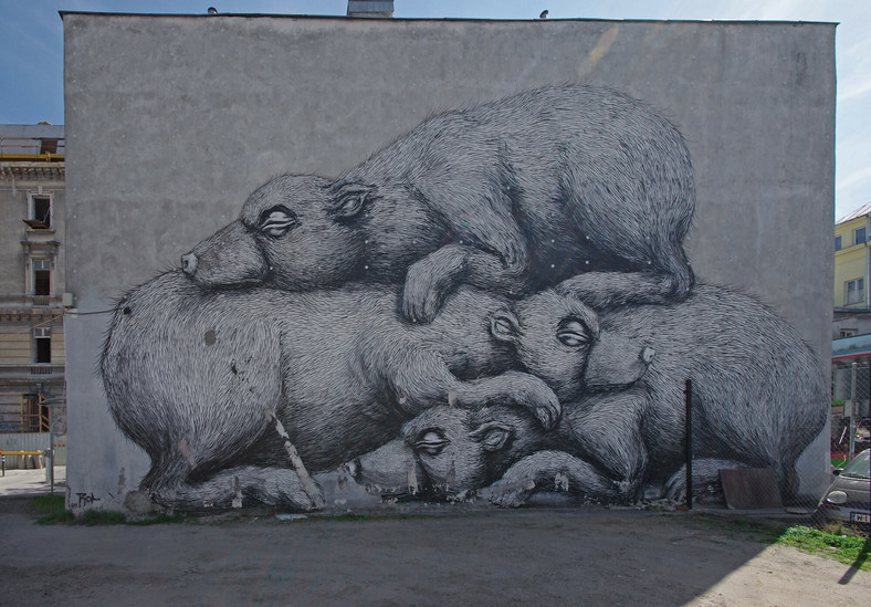 Mural przy ul. Nowy Świat w Warszawie autorstwa Roa, belgijskiego artysty