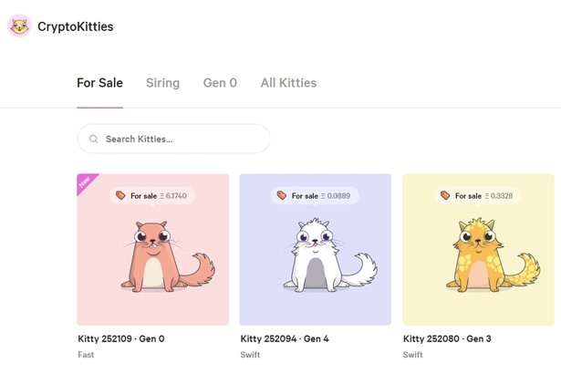 Kryptokotki na sprzedaż. Źródło: cryptokitties.co