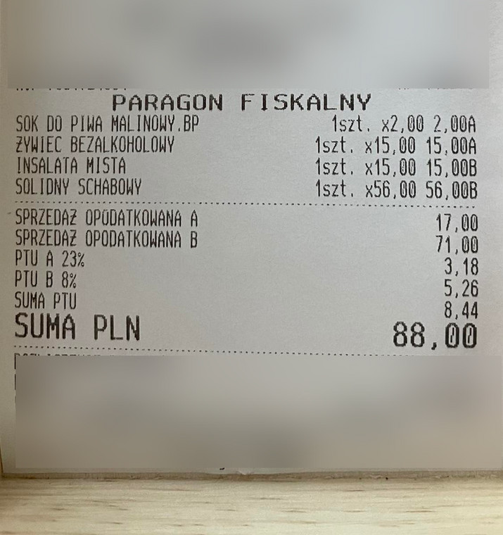 Paragon z restauracji na Krupówkach