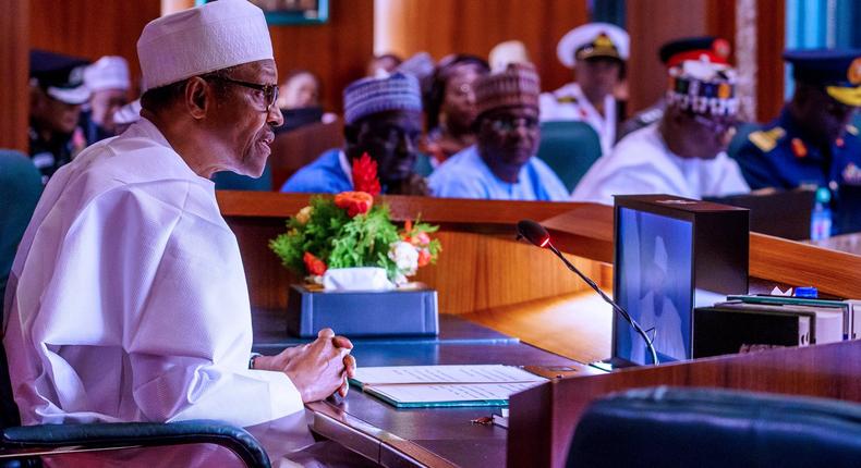 President Muhammadu Buhari holds a Presidential Parley with Participants of the Senior Executives Course 41, 2019 of the National Institute for Policy and Strategic Studies (NIPSS). [Twitter/@BashirAhmaad]