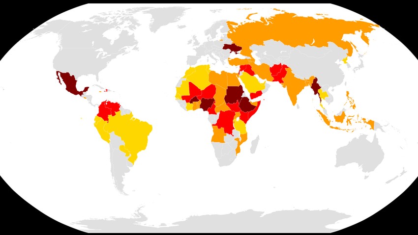 Mapa sukoba: Bordo bojom su obojene države gde ima 10.000 i više žrtava, crvenom između 1.000 i 9.999, narandžastom one gde ima između 100 i 999, a žutom gde su manji sukobi sa ispod 100 žrtava