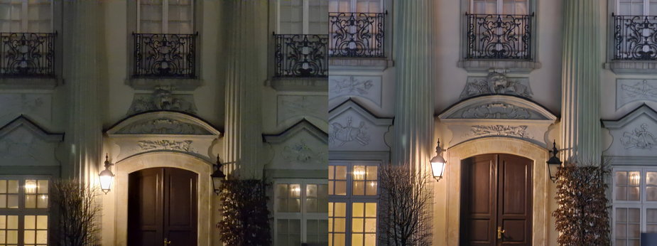 Zdjęcia nocne wykonane modułem tele 10x w trybie automatycznym (po lewej) oraz w dedykowanym do takich zadań trybie Noc (kliknij, aby powiększyć)