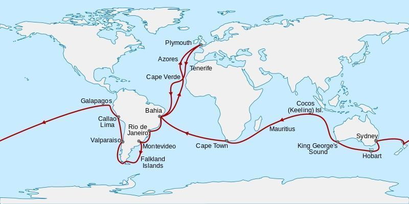 Mapa trasy, jaką przebył HMS Beagle (fot. Sémhur, opublikowano na licencji Creative Commons Uznanie autorstwa-Na tych samych warunkach 3.0 Unported)