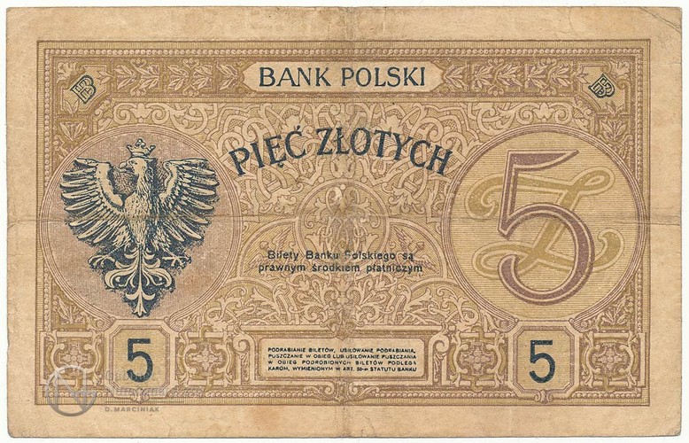 Banknot o nominale 5 złotych z wizerunkiem księcia Józefa Poniatowskiego.