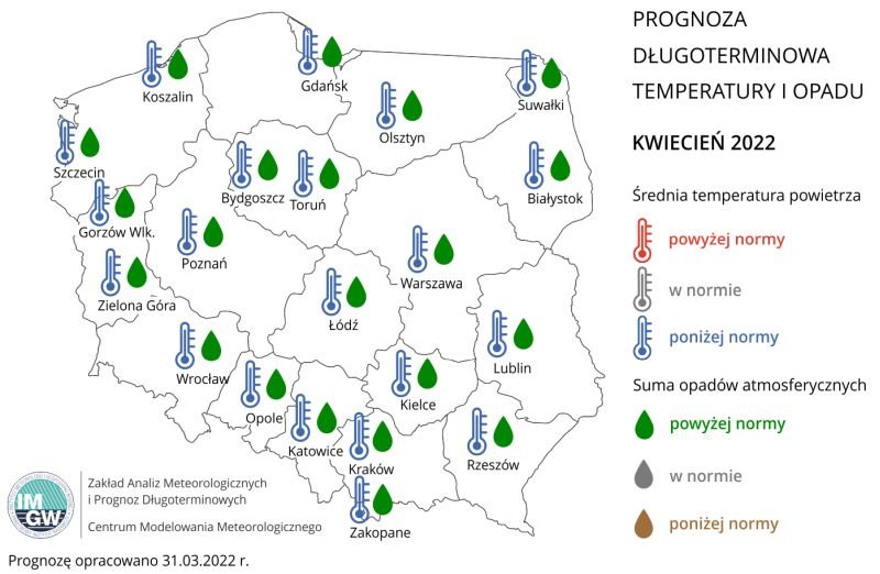 W kwietniu IMGW prognozuje niską temperaturę i wysokie opady atmosferyczne