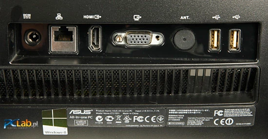 Tył: gniazdo sieciowe, LAN, wejścia HDMI oraz VGA, gniazdo antenowe oraz dwa porty USB 2.0