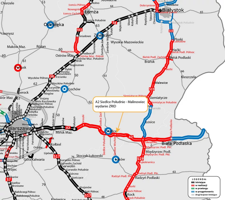 Mapa przebiegu A2 Warszawa — granica z Białorusią