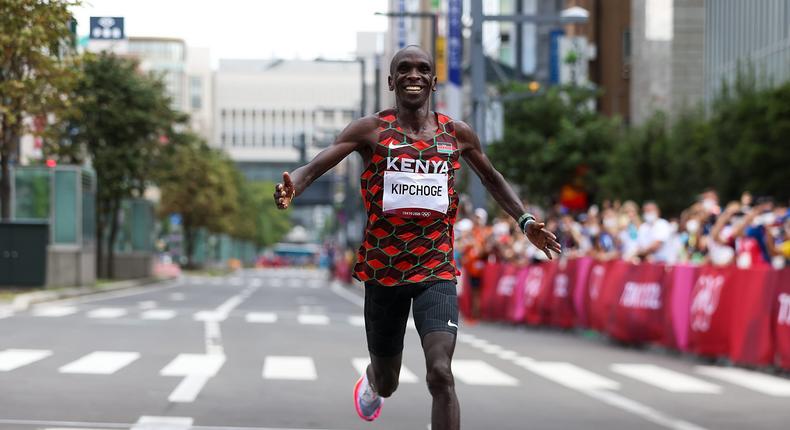 Eliud Kipchoge, a Nike-sponsored athlete on Team Kenya, wins the men's marathon in the Tokyo Olympics, August 8, 2021.
