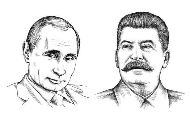 Rosyjscy przywódcy naszkicowani: Władimir Putin i Józef Stalin