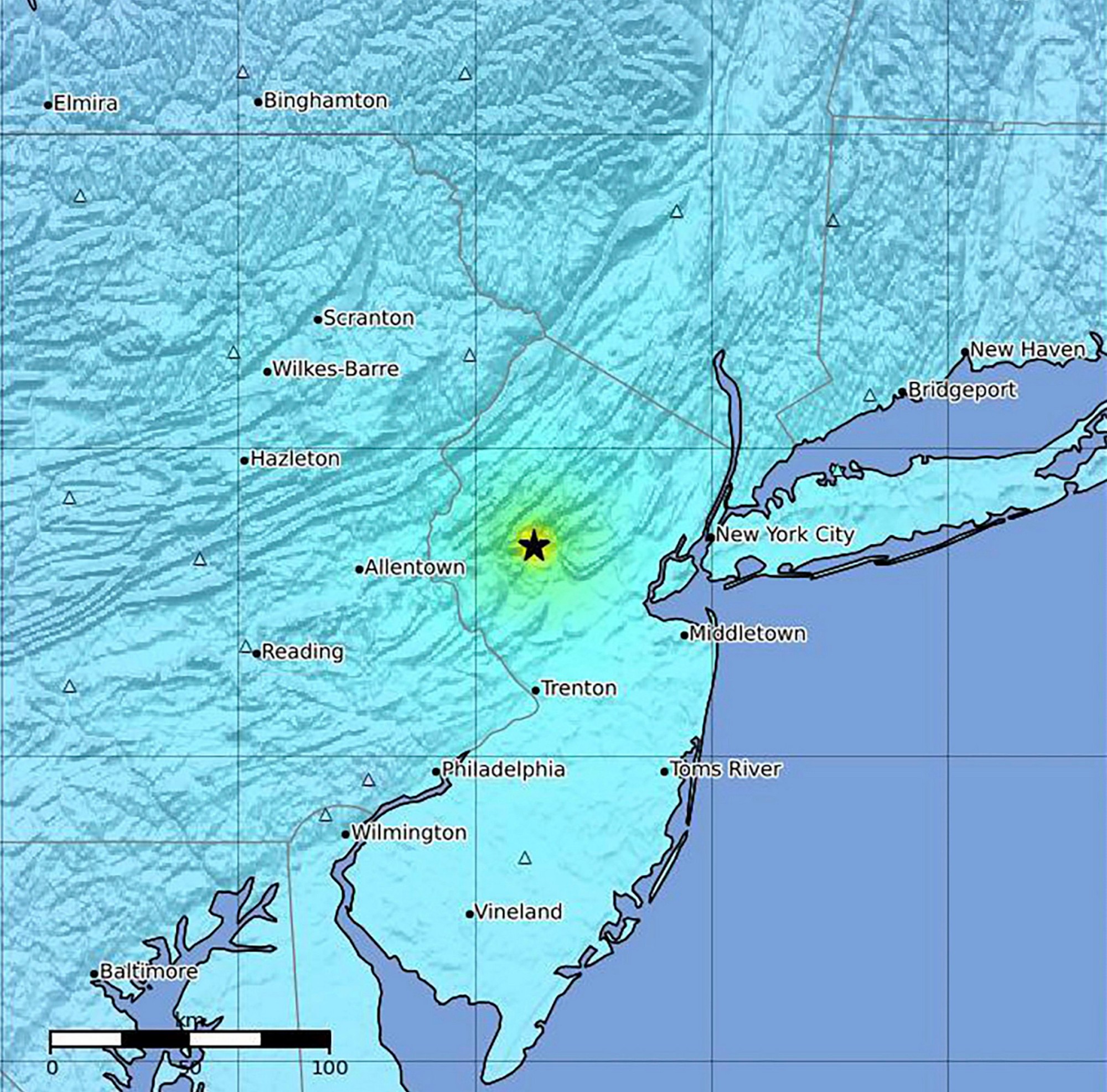 Obrázok poskytnutý US Geological Survey ukazuje epicentrum zemetrasenia na východnom pobreží USA.