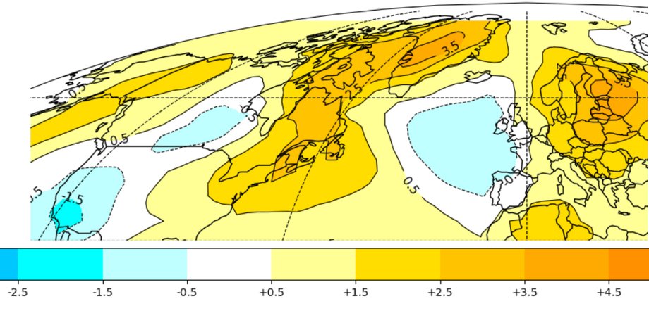 Odchylenie temperatury nad Grenlandią, Ameryką Płn. i Europą w marcu br. względem średniej 30-letniej