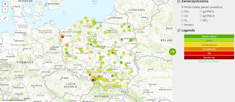 Stan jakości powietrza w Polsce (godz. 9.00-10.00)