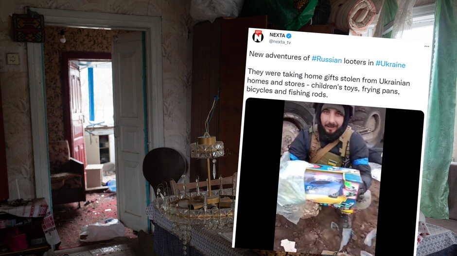 Zniszczony salon w domu we wsi Switylnia w Ukrainie (screen: Twitter/nexta_tv)