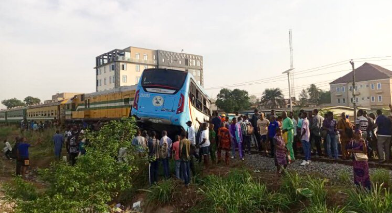 Scene of the accident involving a staff bus and a passenger train in Ikeja, Lagos. (Channels TV)