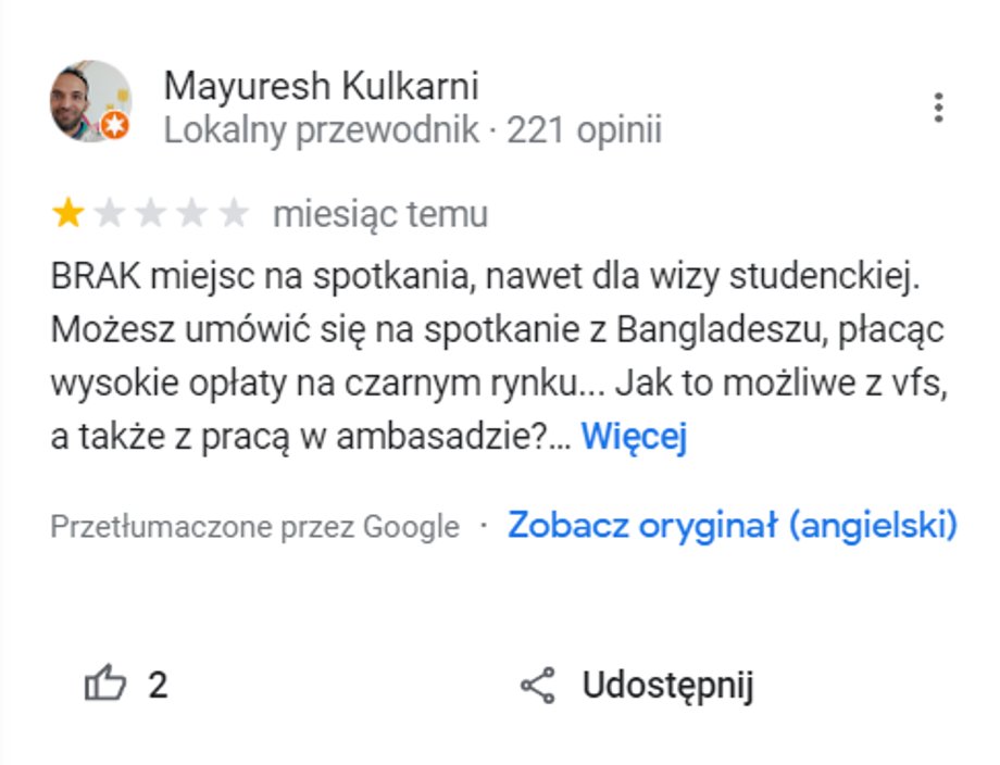 Screen z Google Maps Opinia o braku terminów