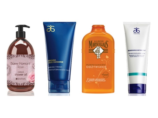 Olejek Różany Barwy Harmonii, 39,90zł/400ml; Samoopalacz Arbonne, 169zł/118 ml; Pielęgnujący olejek do mycia ciała Olejek Arganowy i Kwiat Pomarańczy Le Petit Marseillais, 11,99zł/250ml; Oczyszczająca maseczka z alg morskich do twarzy i ciała Arbonne, 151zł/236ml