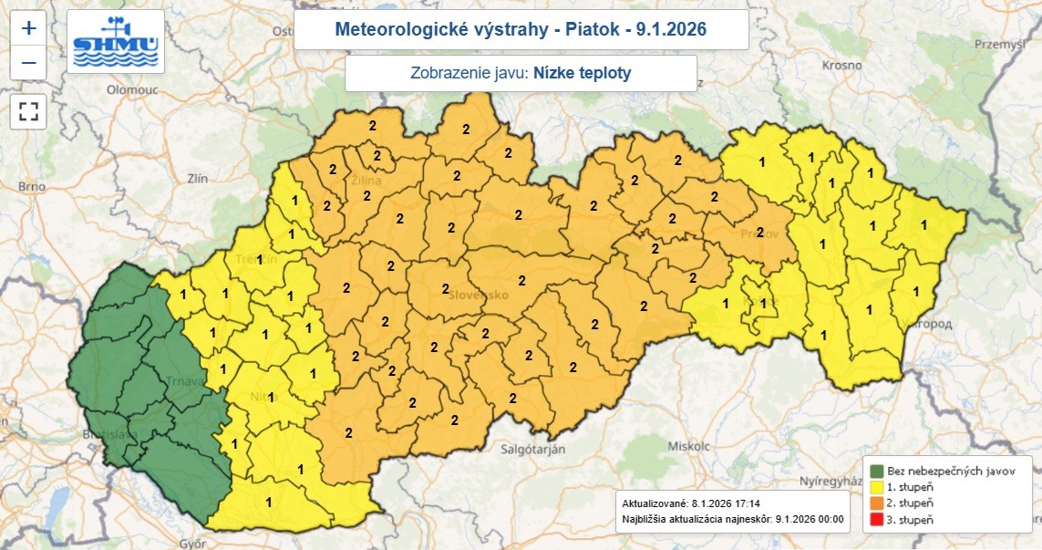Výstrahy prvého a druhého stupňa pred nízkymi teplotami vydané na noc zo štvrtka na piatok.
