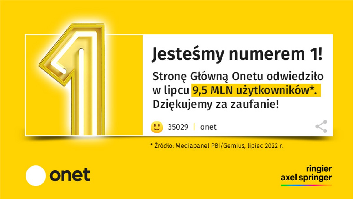 <strong>Według najnowszych wyników badania Mediapanel (Gemius/PBI) Onet zdobył w lipcu pierwsze miejsce wśród stron głównych portali – samą stronę główną Onetu w minionym miesiącu odwiedziło 9,5 mln realnych użytkowników, a naszą domenę aż 17 mln! </strong>