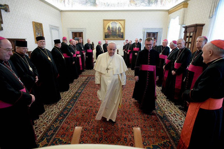 Ostatnia wizyta polskich biskupów w Watykanie, spotkanie z papieżem, październik 2021 r.