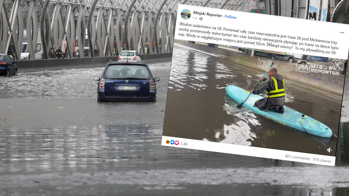Znalazł sposób na przejazd po zalanej Warszawie. To wideo to hit sieci