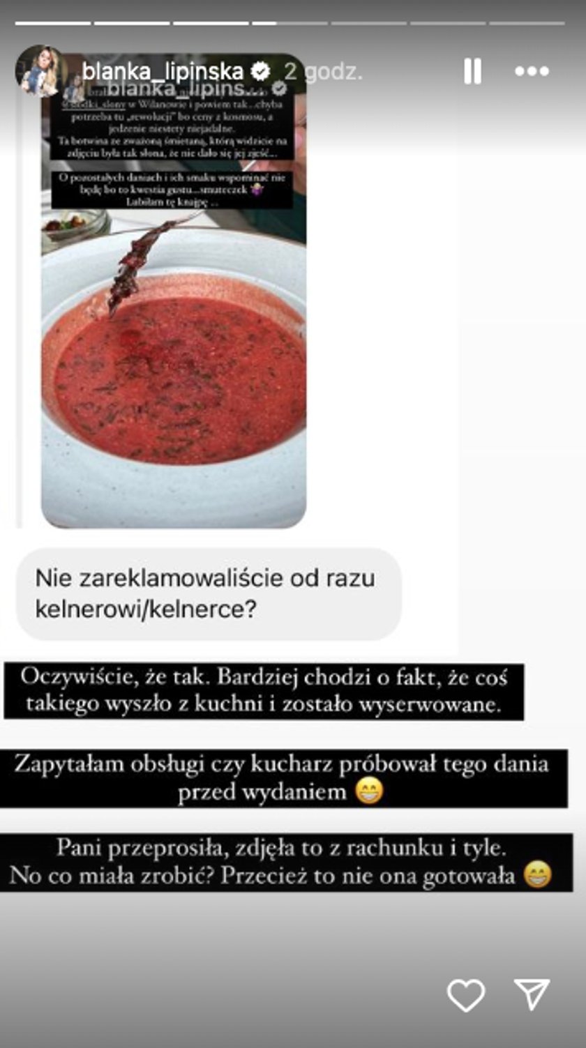 Blanka Lipińska krytykuje restaurację Magdy Gessler.