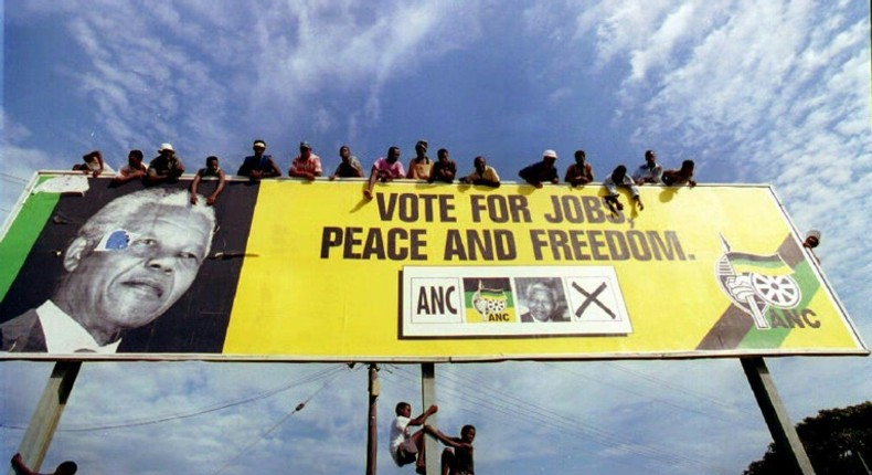 African National Congress (ANC) supporters seen waiting for Nelson Mandela when he campaigned in 1994 on the promise of a new start for South Africa after decades of apartheid rule