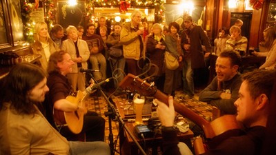 Musicians playing live in a Dublin pub