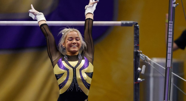 LSU gymnast Olivia Dunne competes during an NCAA gymnastics meet against Arkansas.AP Photo/Tyler Kaufman