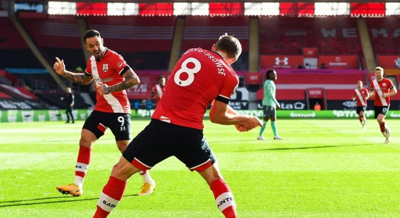 Southampton goal-scorer James Ward-Prowse (C) celebrates with Danny Ings (L)