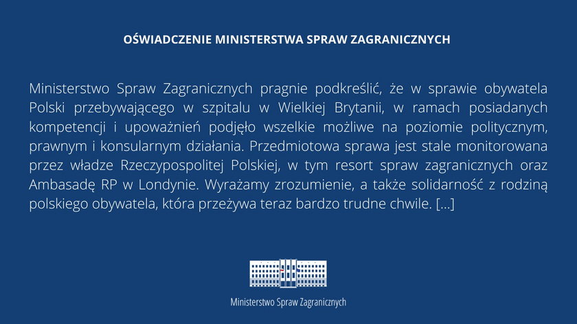Ministerstwo wydało oświadczenie w sprawie Polaka w śpiączce.