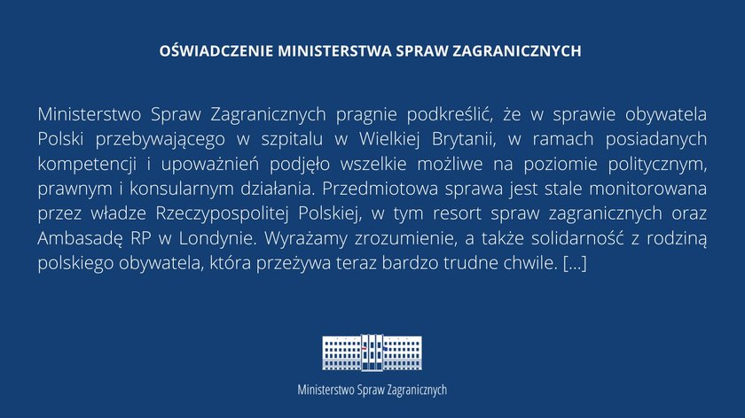 Ministerstwo wydało oświadczenie w sprawie Polaka w śpiączce.