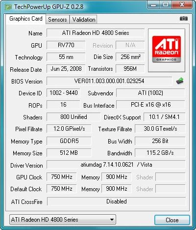 ATI Radeon HD4870 – informacje z programu GPU-Z