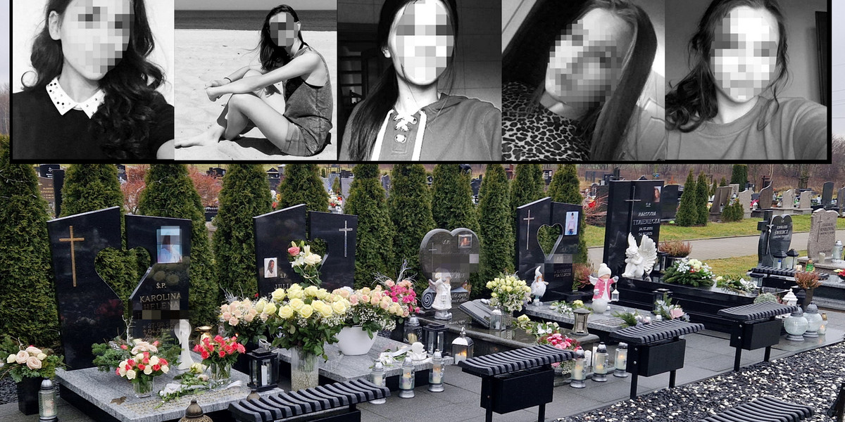 Groby pięciu nastolatek, które zginęły w pożarze escape roomu w Koszalinie.