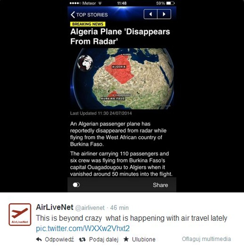 Samolot Swiftair, który wykonywał lot dla algierkskich linii lotniczych, leciał z Burkina Faso do Algieru.