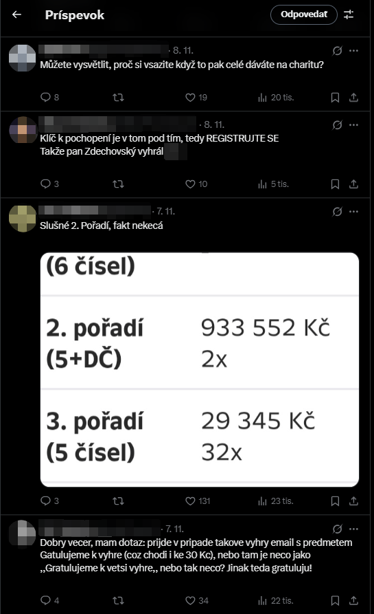 Ľudia reagujú na výhru Tomáša Zdechovského v lotérii. 