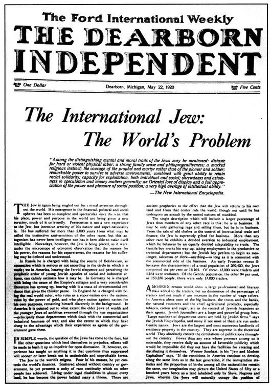 Pierwsza strona gazety "The Dearborn Independent" z 22 maja 1920 r. z artykułem zatytułowanym "Międzynarodowy Żyd: Światowy problem"