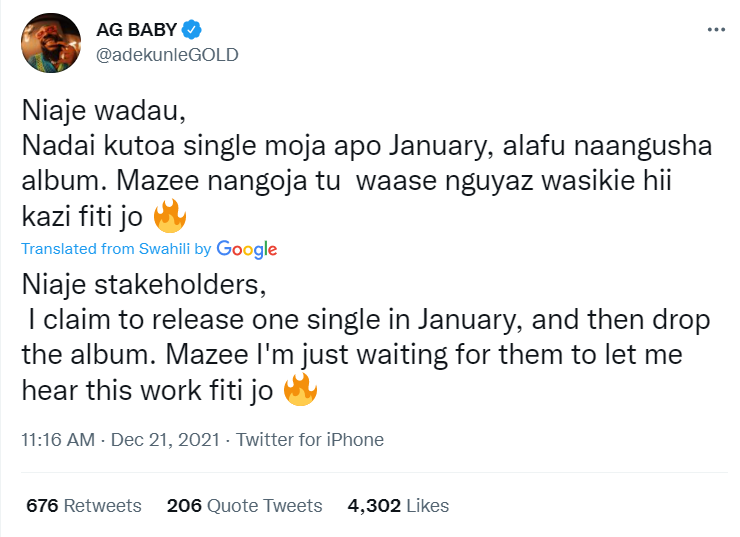 Nigerian star Adekunle Gold posts in Sheng', Kenyans react