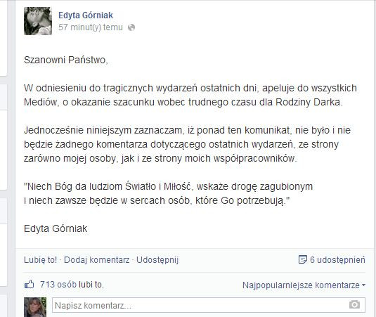 Edyta Górniak o wypadku Dariusza K.
