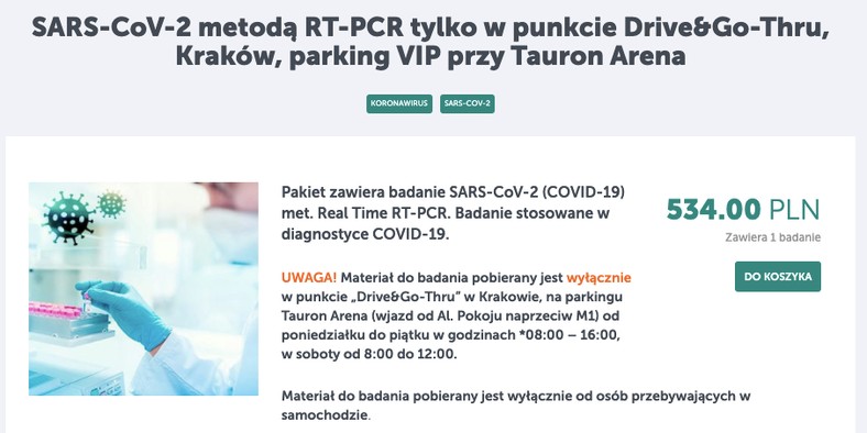 Możliwość zakupu badania metodą RT-PCR na stronie diag.pl