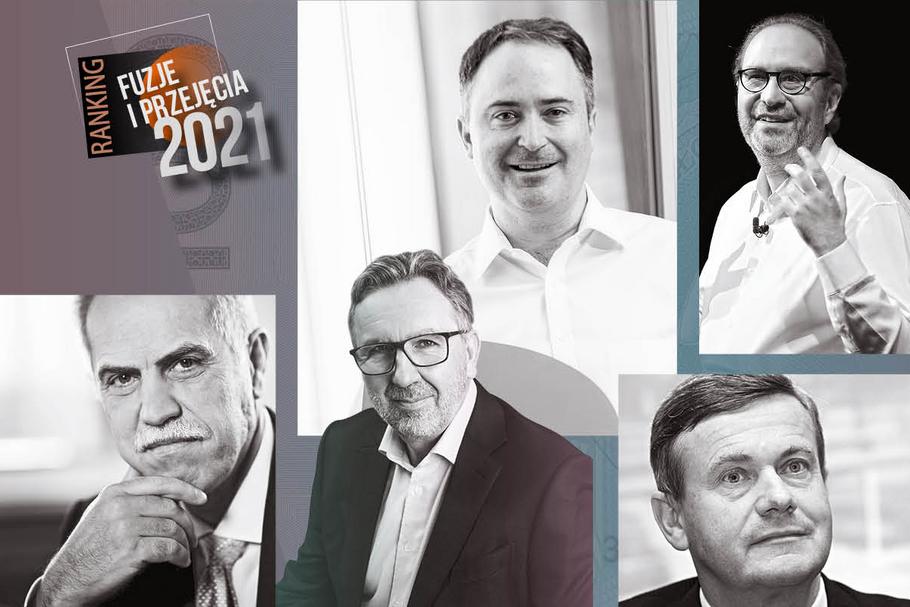 Ranking Fuzje i Przejęcia 2021. Od lewej u góry: François Nuyts, Xavier Niel, Zygmunt Solorz, Michał Sołowow, Zbigniew Okoński